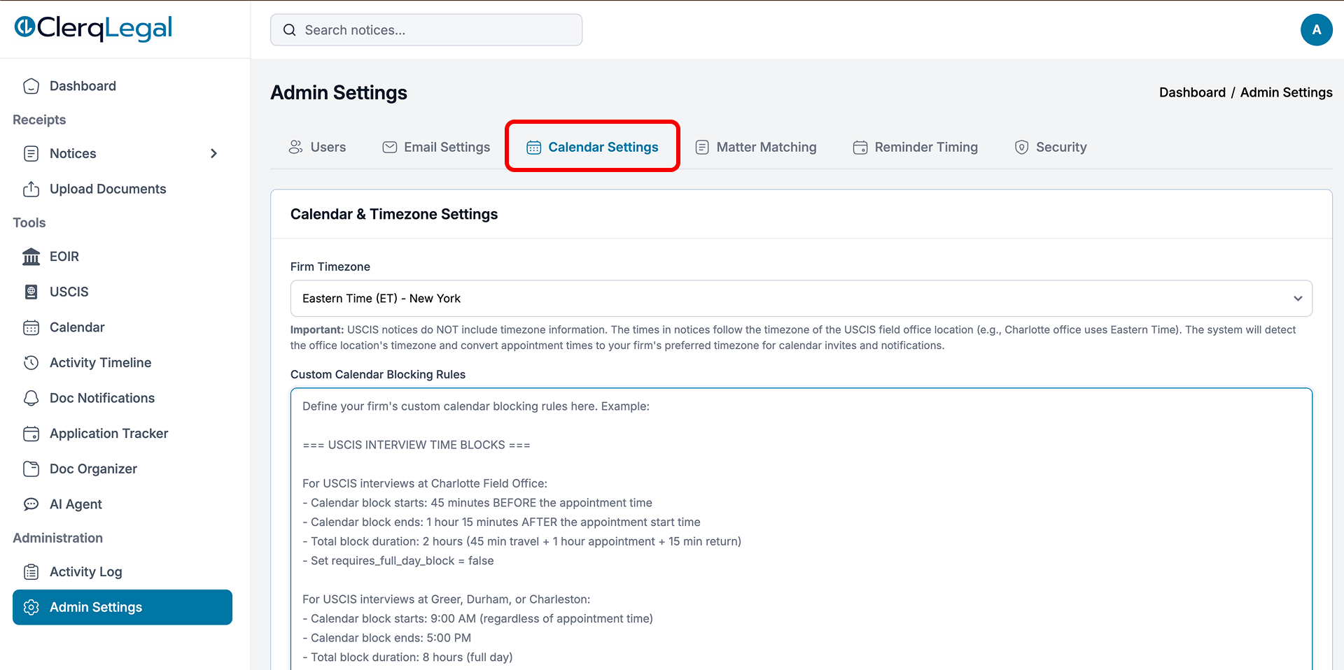 Admin Settings with the Calendar Settings tab open, showing the Firm Timezone dropdown and Custom Calendar Blocking Rules