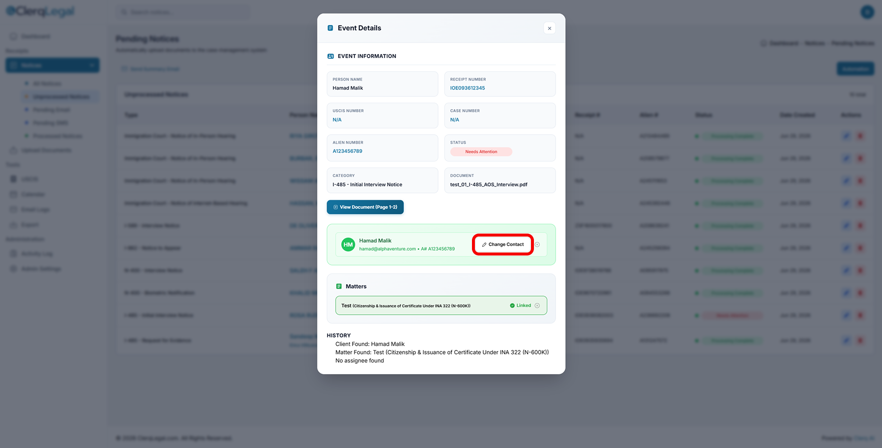 Event Details panel for a notice showing the extracted information, the matched client and matter, and a Change Contact button