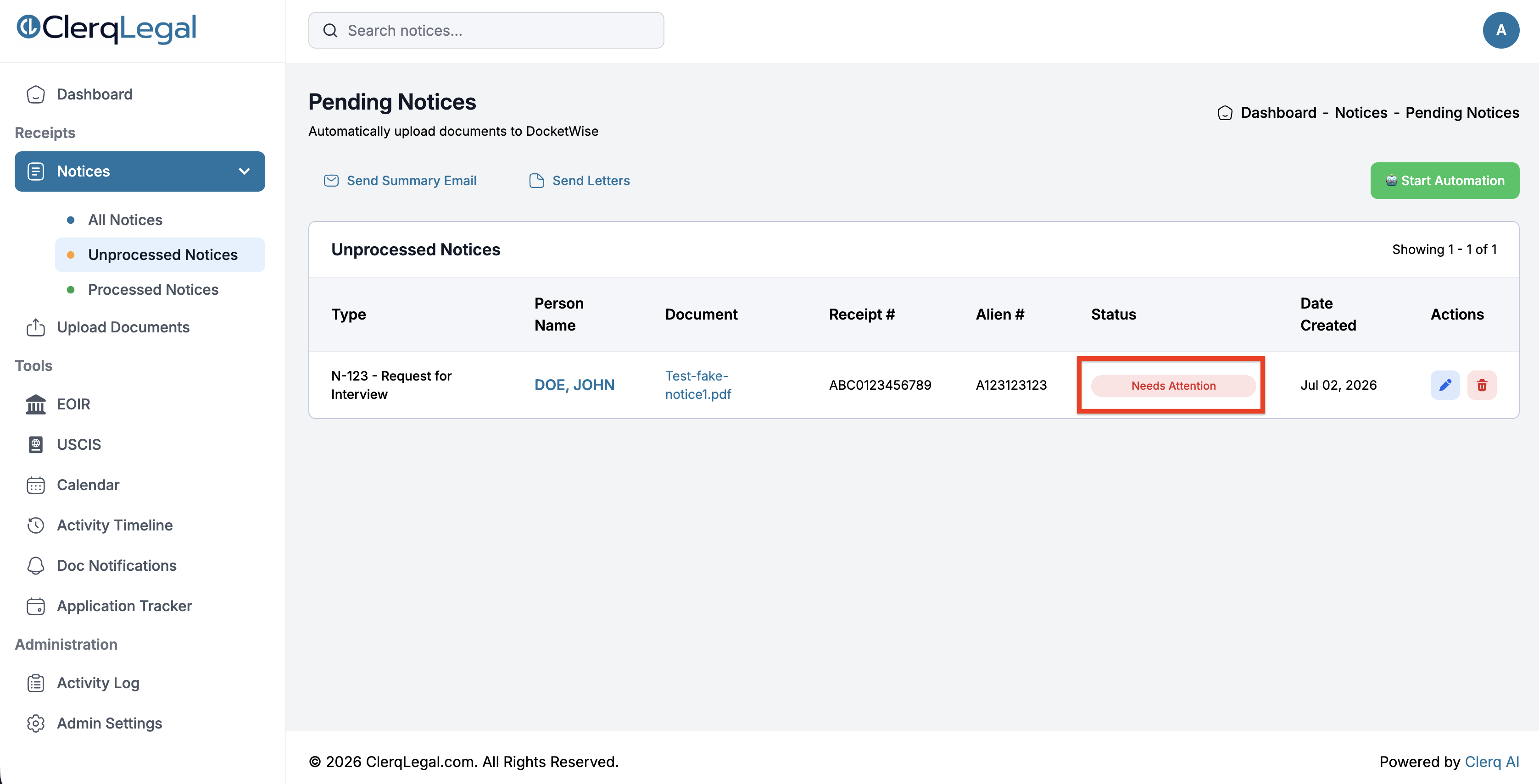 A notice flagged Needs Attention in the notices list after automation