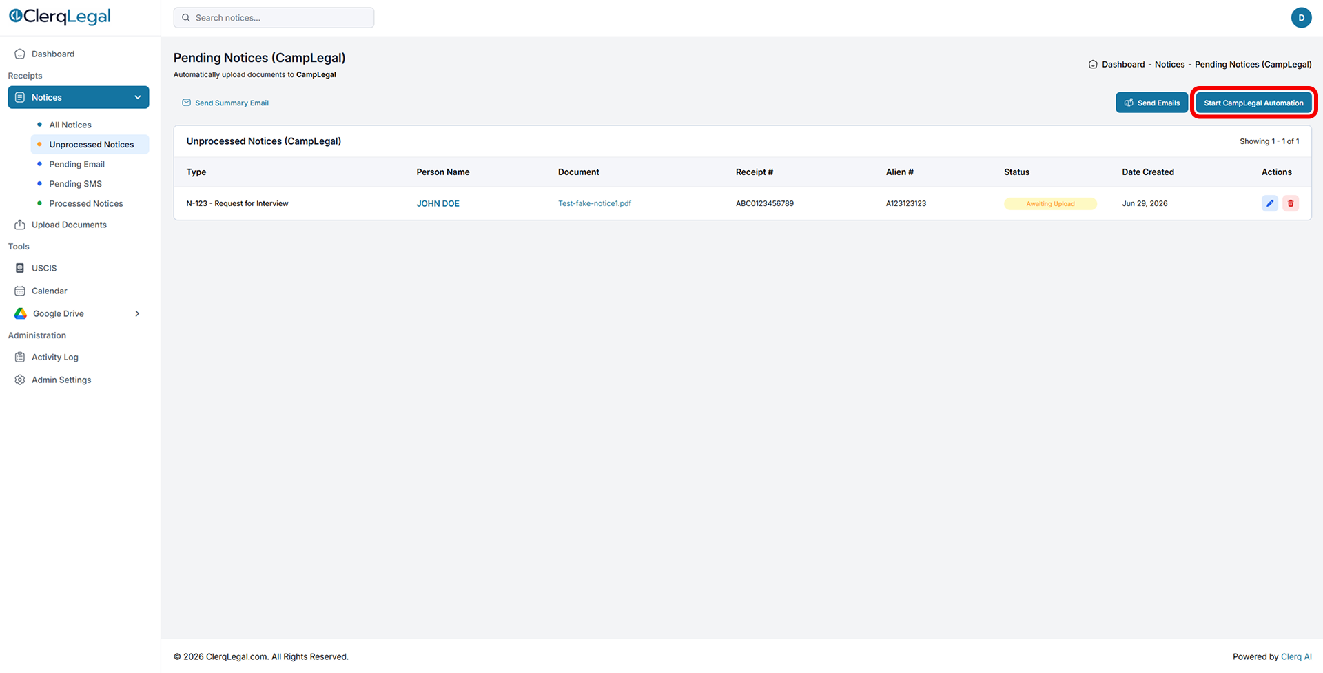 Unprocessed Notices (CampLegal) list with the Start CampLegal Automation button