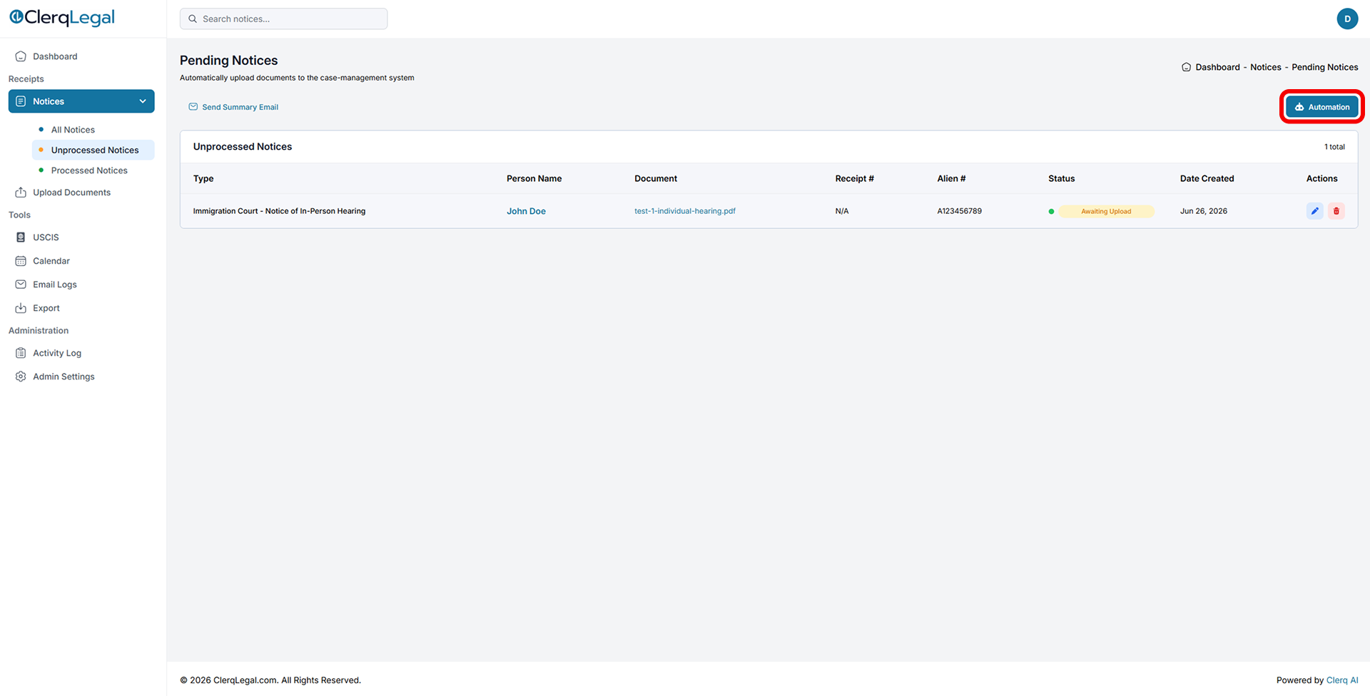 Pending Notices list with a notice Awaiting Upload and the Automation button