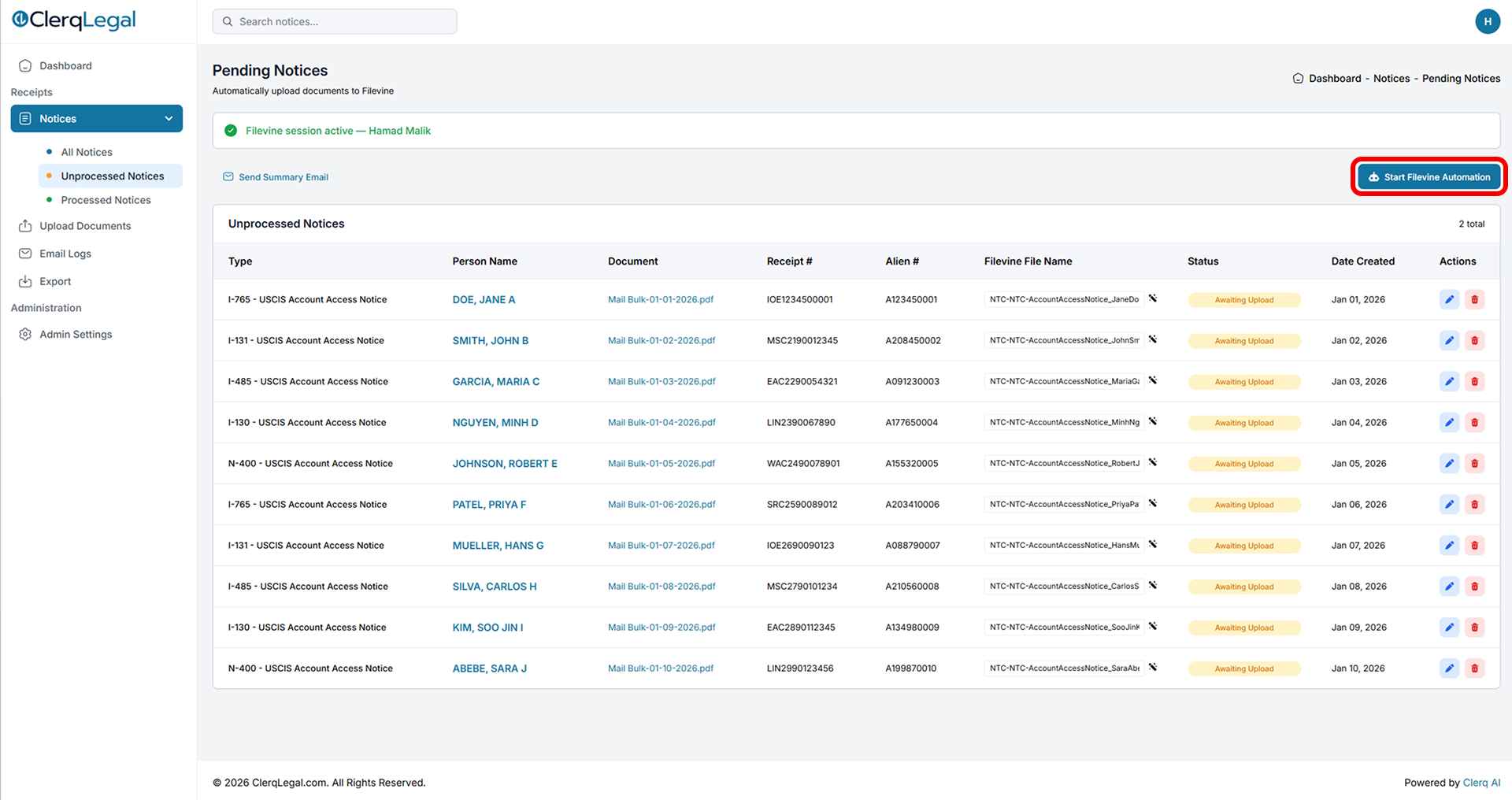 Pending Notices list with an active Filevine session and the Start Filevine Automation button