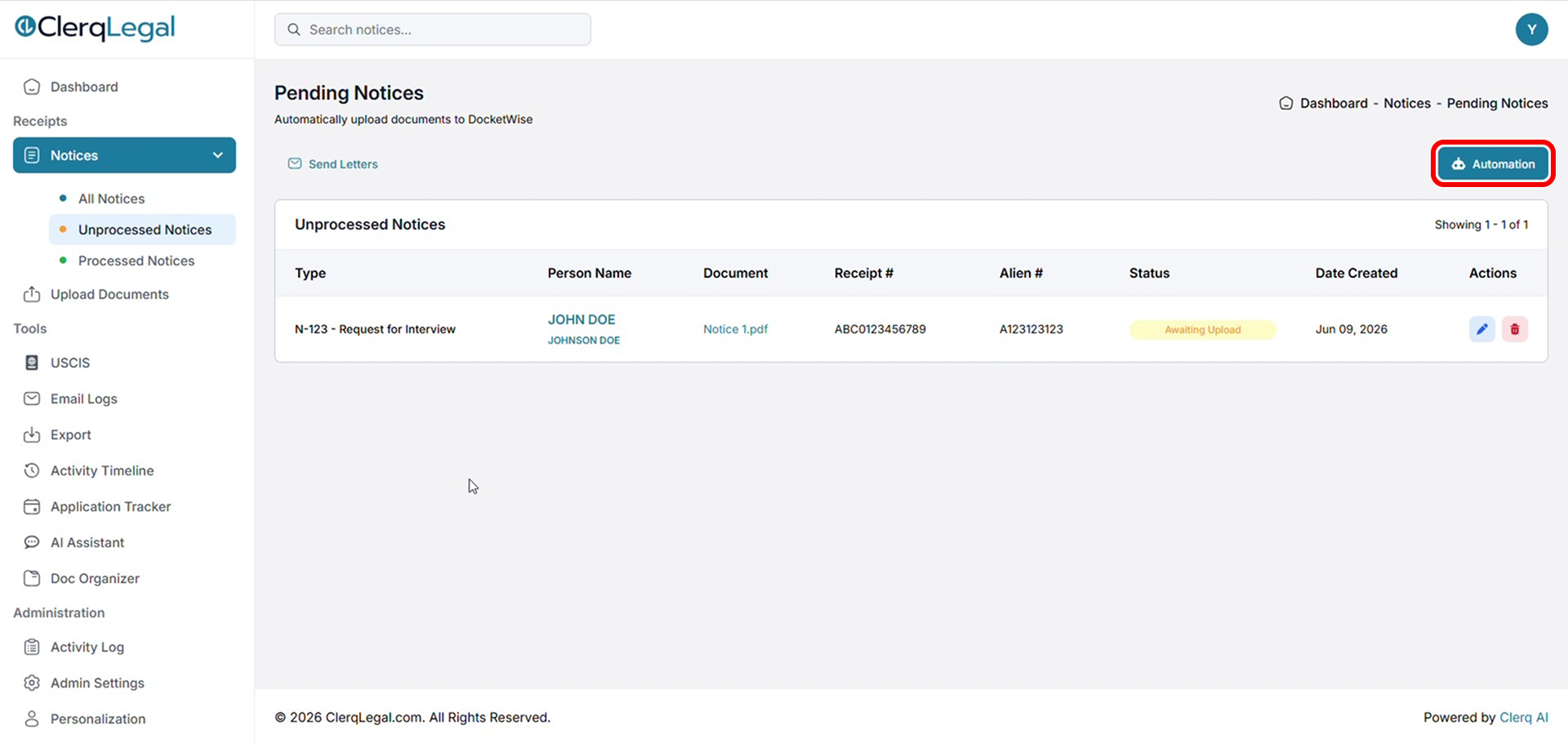 Pending Notices list with a notice Awaiting Upload and the Automation button