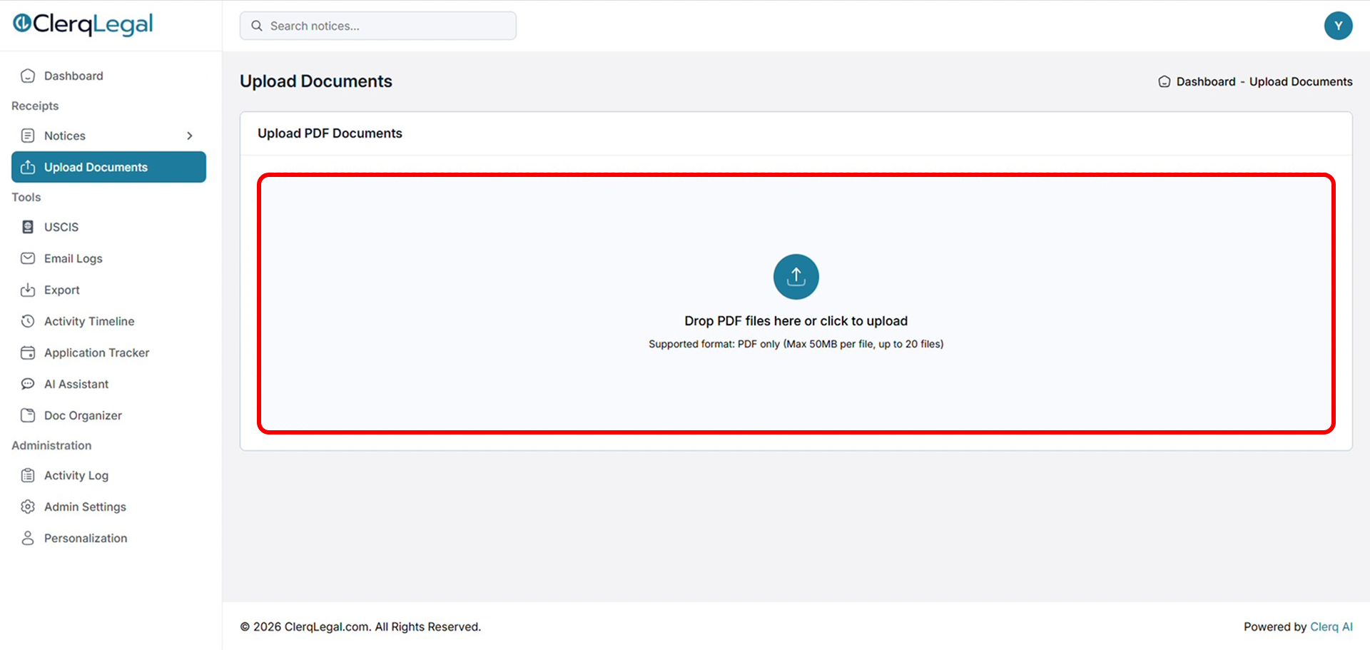 Upload Documents page with the PDF drop area