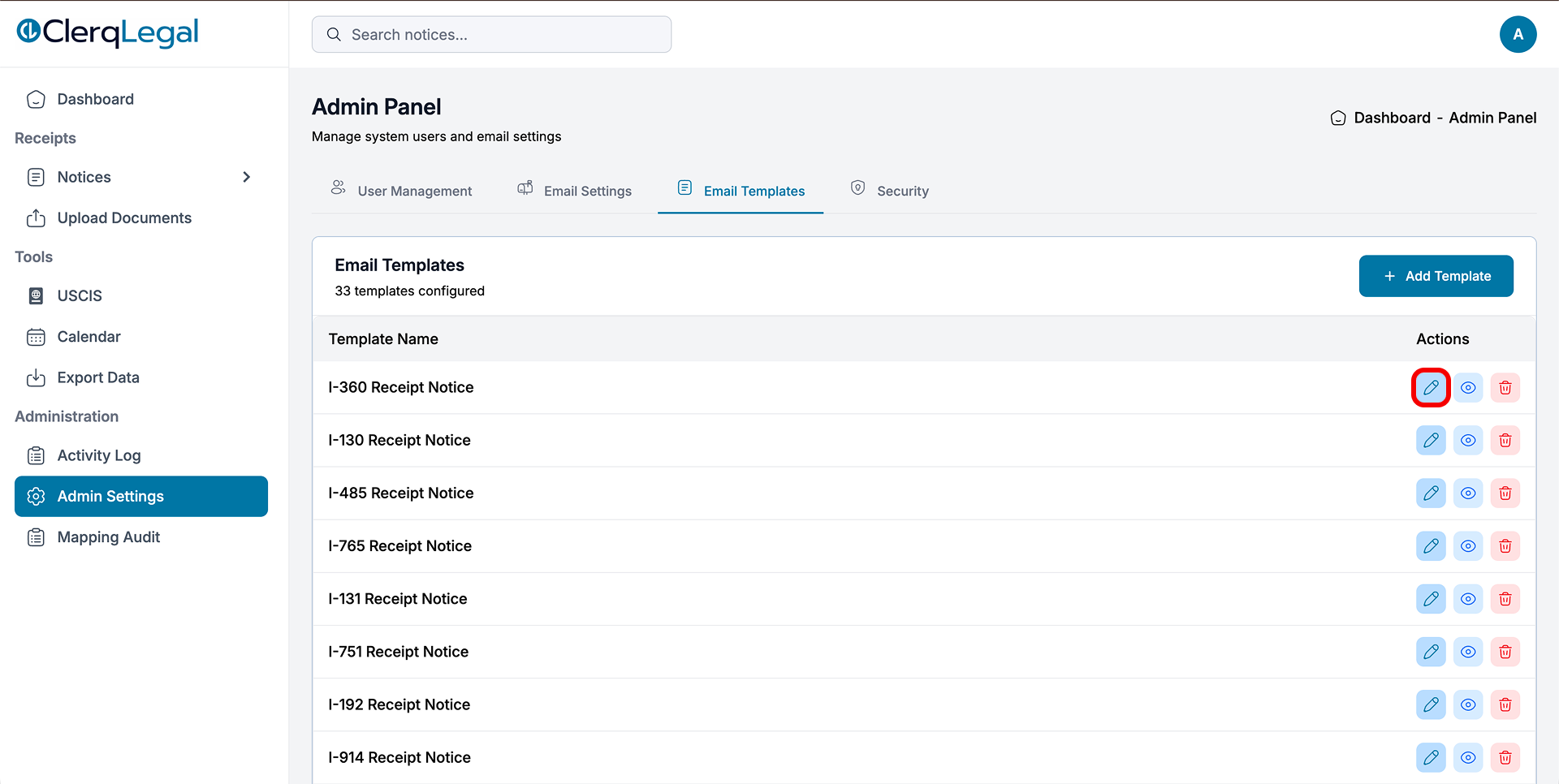 Admin Panel with the Email Templates tab open, showing the list of configured templates