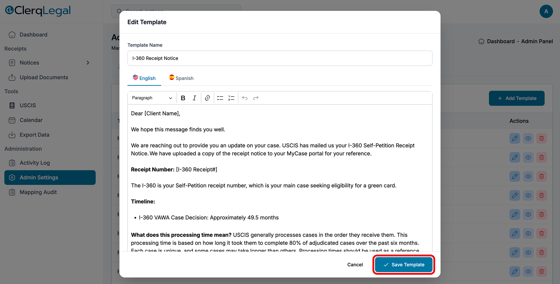 Edit Template window with the Template Name field, English and Spanish tabs, and the rich-text editor