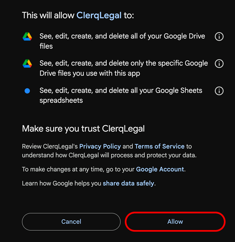 Google consent screen listing ClerqLegal's Drive permissions with Cancel and Allow buttons