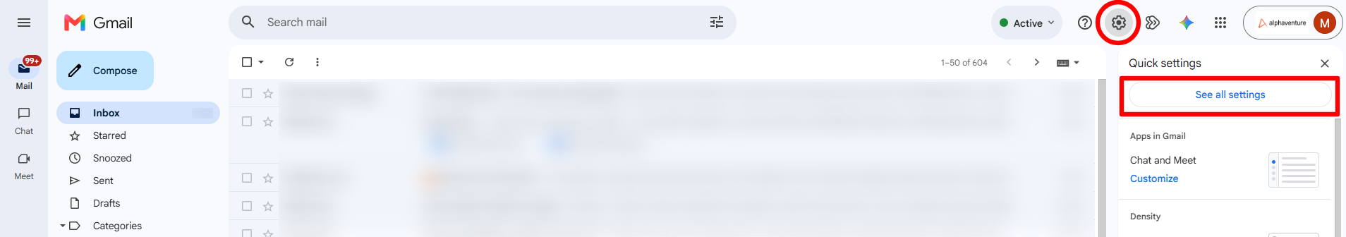 Gmail: click the gear icon, then See all settings.
