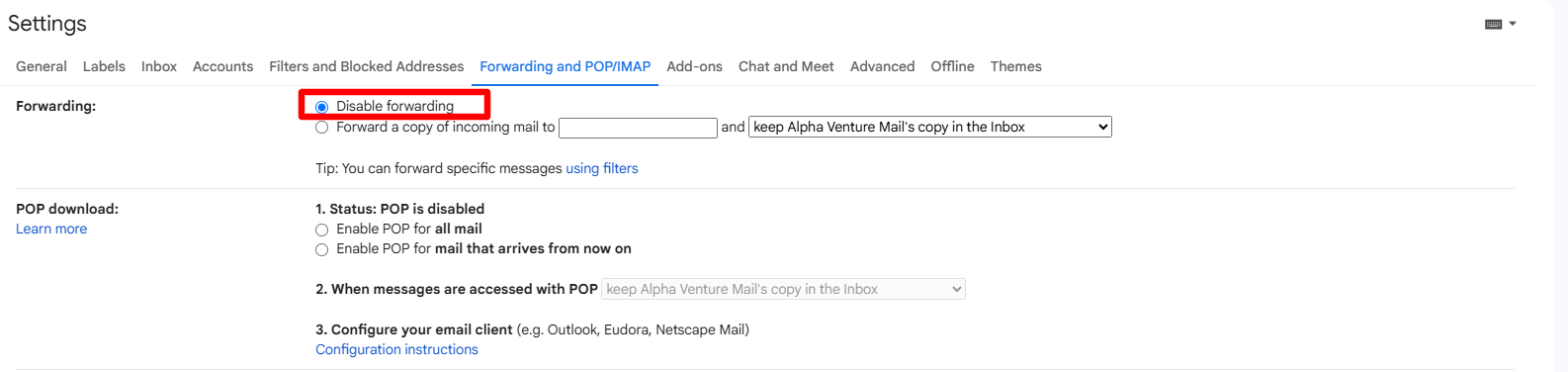 Forwarding tab showing the verified intake address with Disable forwarding selected.