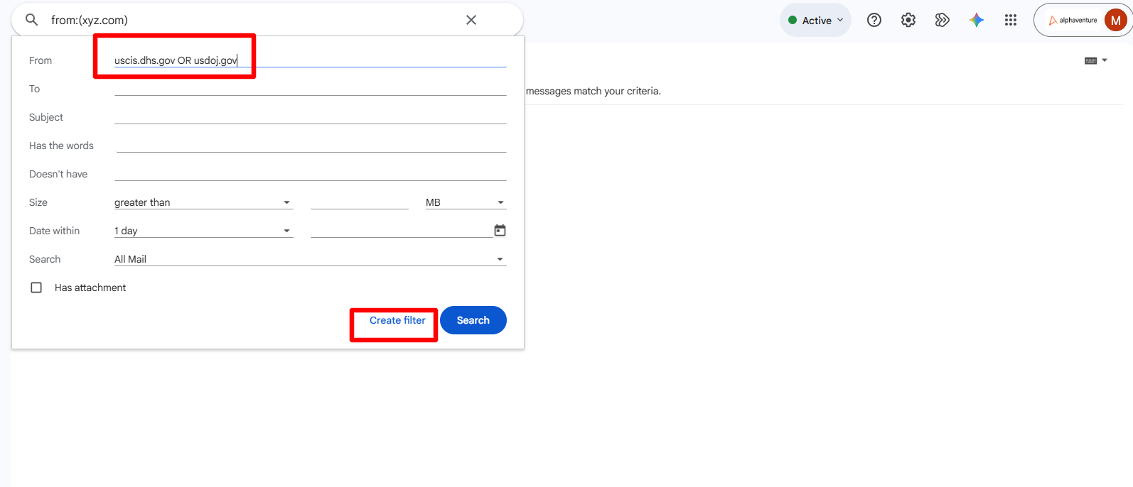 Enter the sender domains in the From field, then click Create filter.