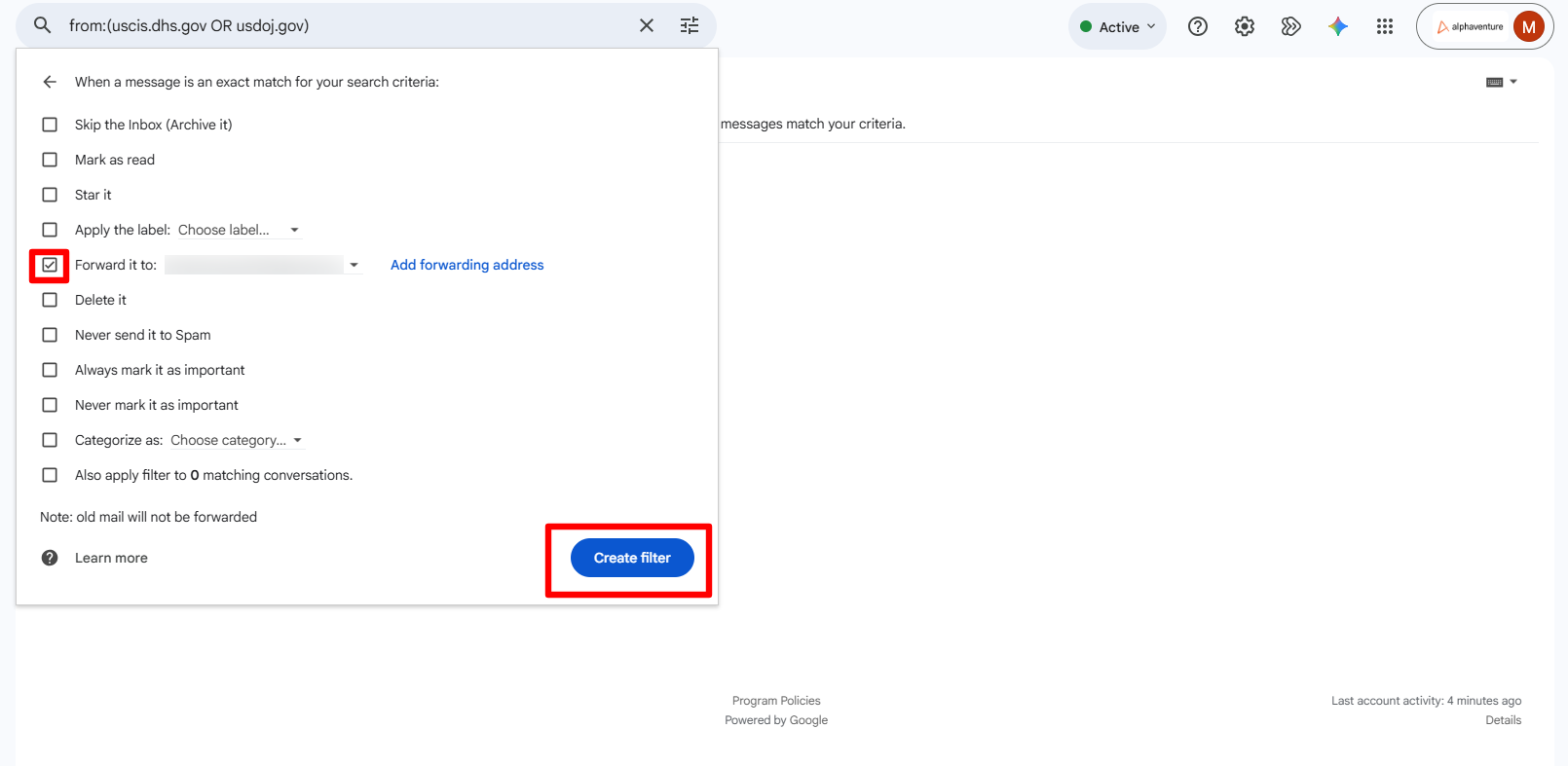 Filter actions with Forward it to set to the intake address.