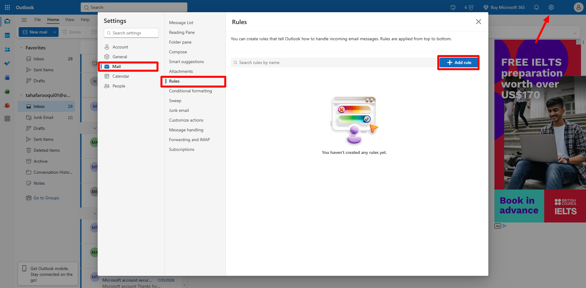 Outlook settings: Mail › Rules › Add rule.