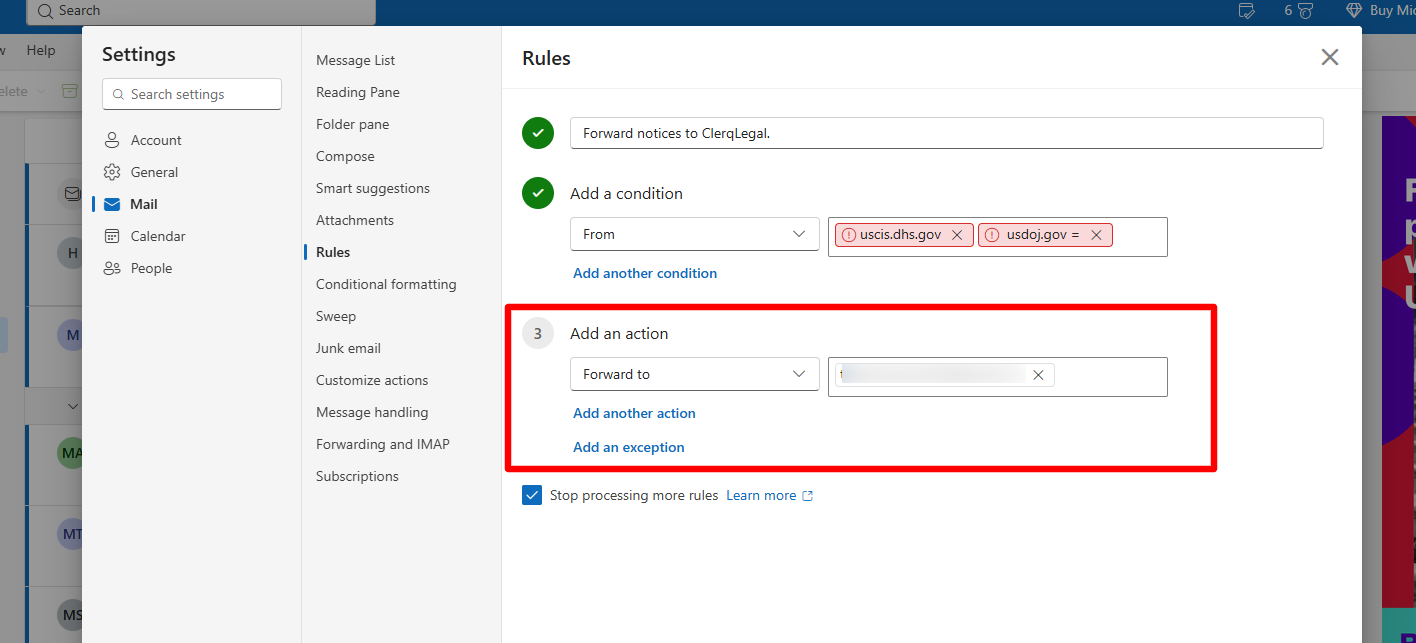Rule action Forward to with the intake address entered.