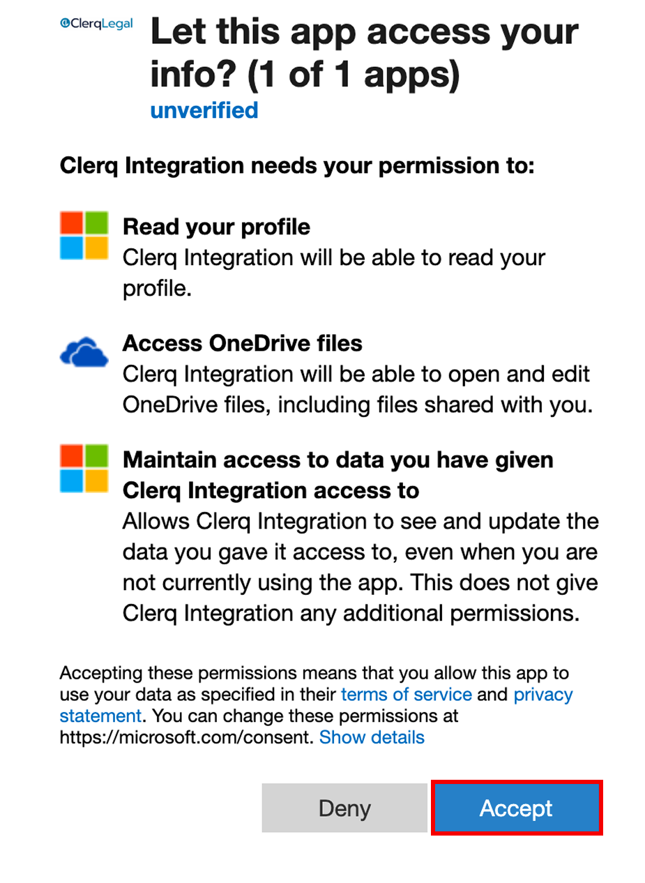 Microsoft consent screen listing Clerq Integration permissions with Deny and Accept buttons