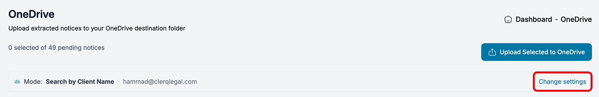 OneDrive header showing the current mode and the Change settings link