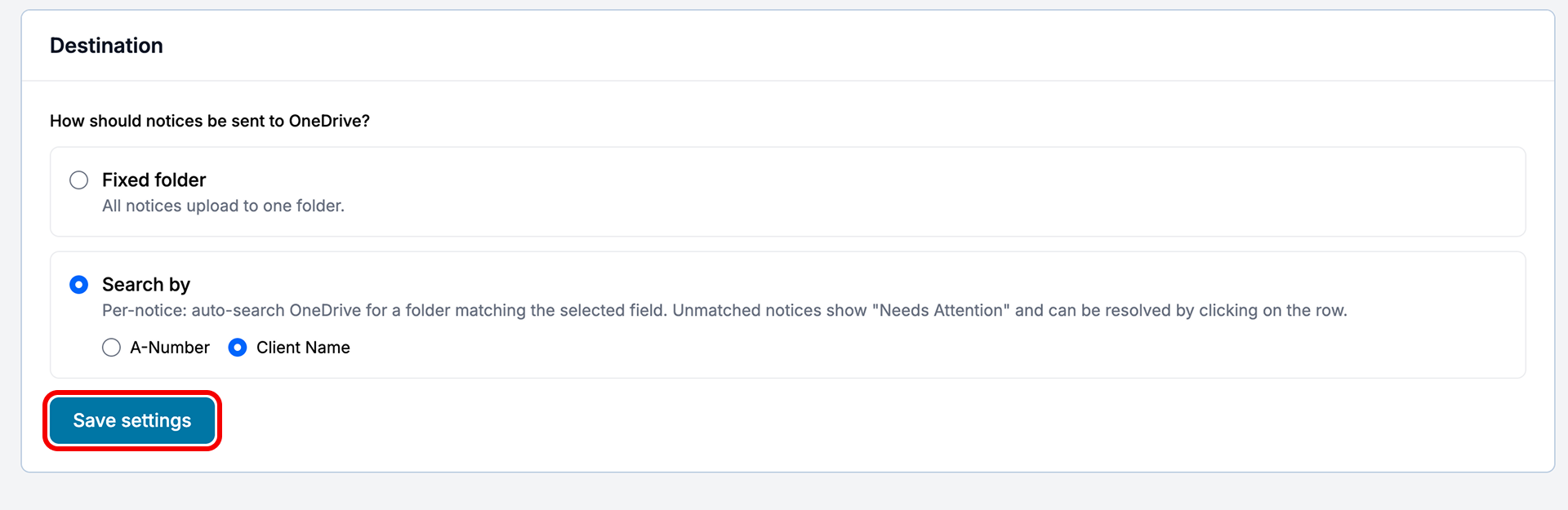 OneDrive destination settings with Fixed folder and Search by options and a Save settings button