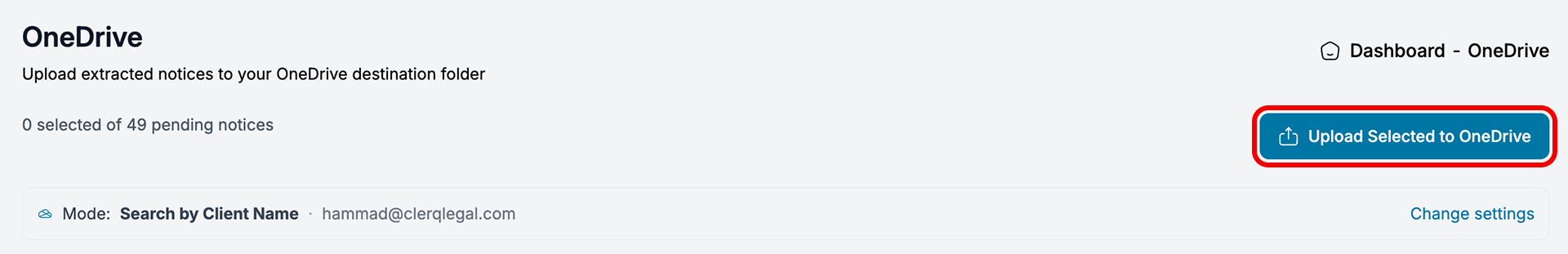 OneDrive header with the Upload Selected to OneDrive button