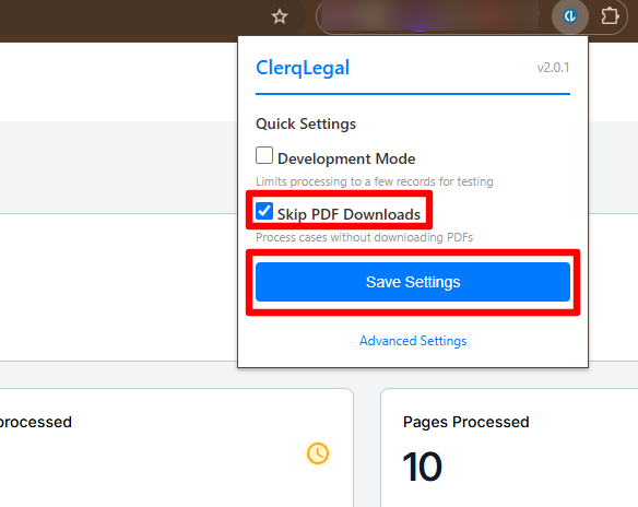 ClerqLegal browser extension Quick Settings with Skip PDF Downloads ticked and the Save Settings button highlighted