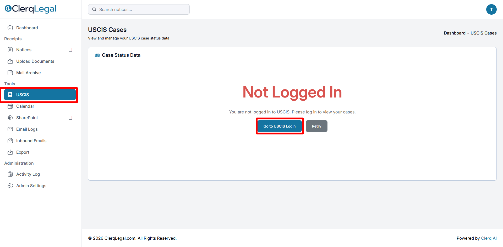 ClerqLegal sidebar with the USCIS tab selected and the Go to USCIS Login button highlighted on the USCIS Cases page