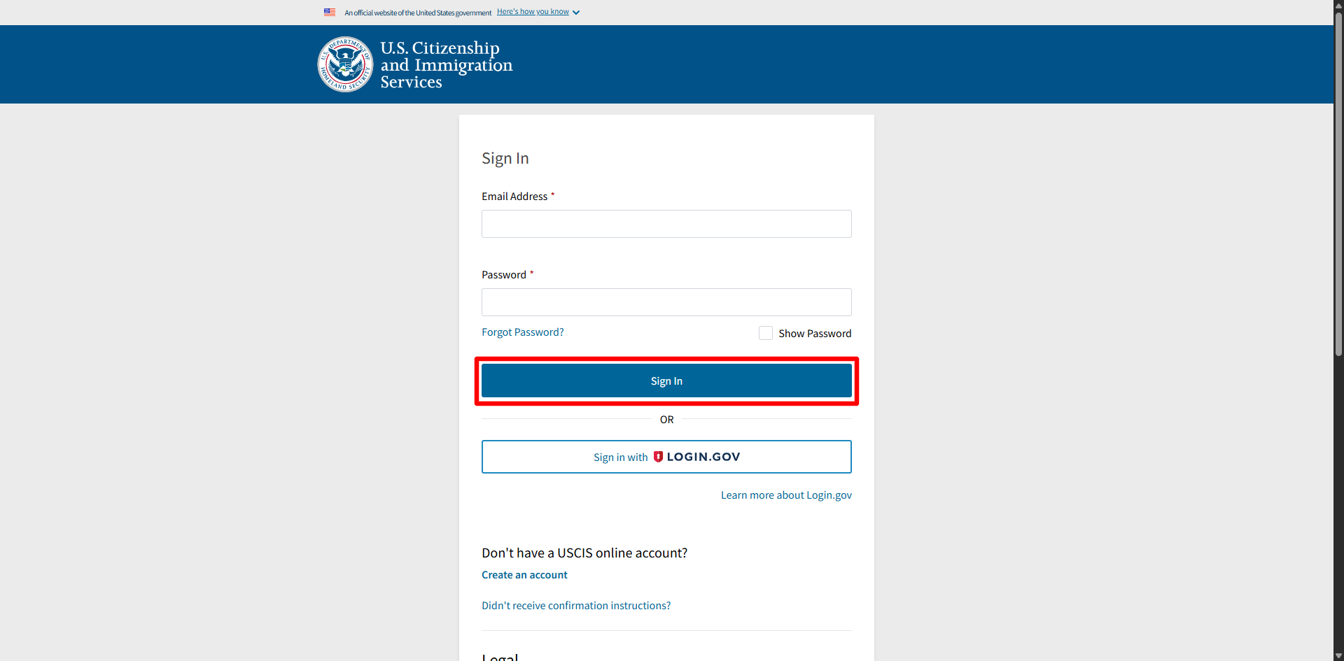 USCIS Sign In page with Email Address and Password fields and the Sign In button highlighted
