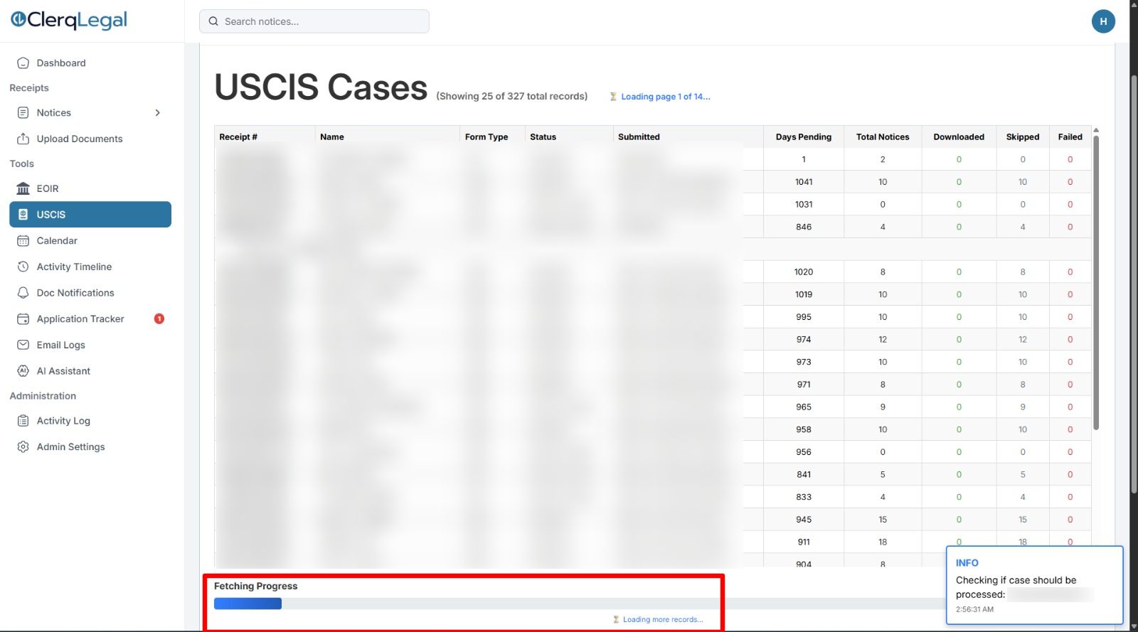 ClerqLegal USCIS Cases page loading records with the Fetching Progress bar highlighted