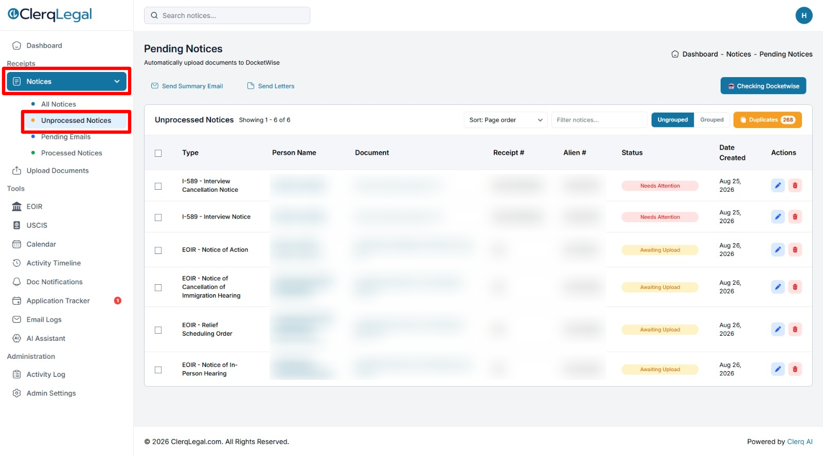 ClerqLegal Unprocessed Notices list with the Notices item and Unprocessed Notices link highlighted in the sidebar