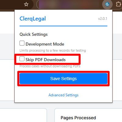 ClerqLegal extension Quick Settings with Skip PDF Downloads unticked and the Save Settings button highlighted